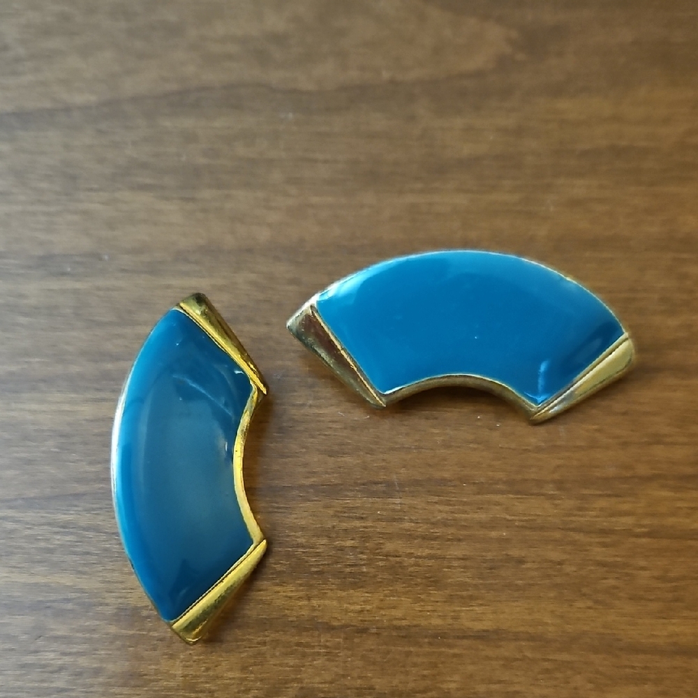 Teal And Gold Crescent Clip Earrings